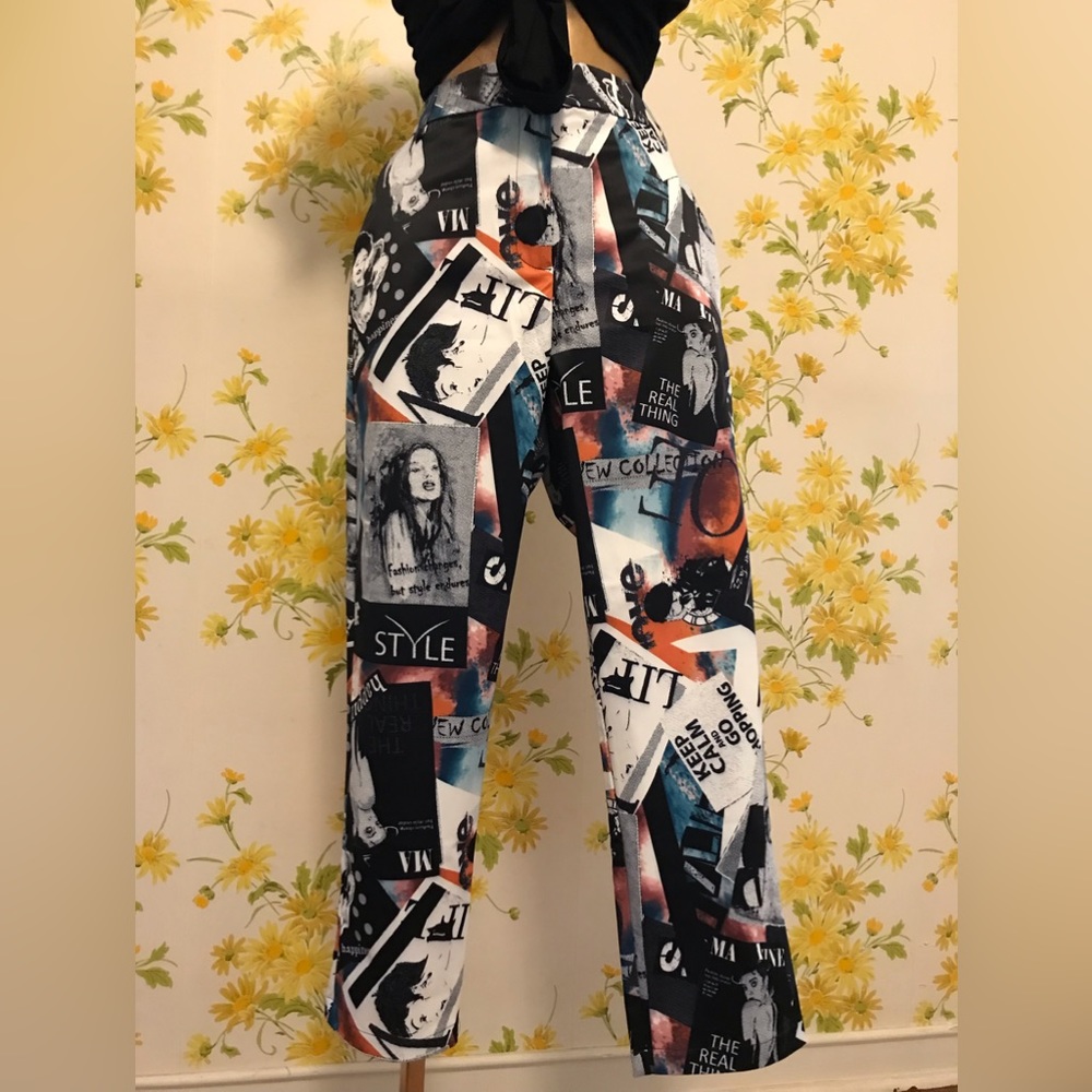 Ovi collage print satin ankle pants size M